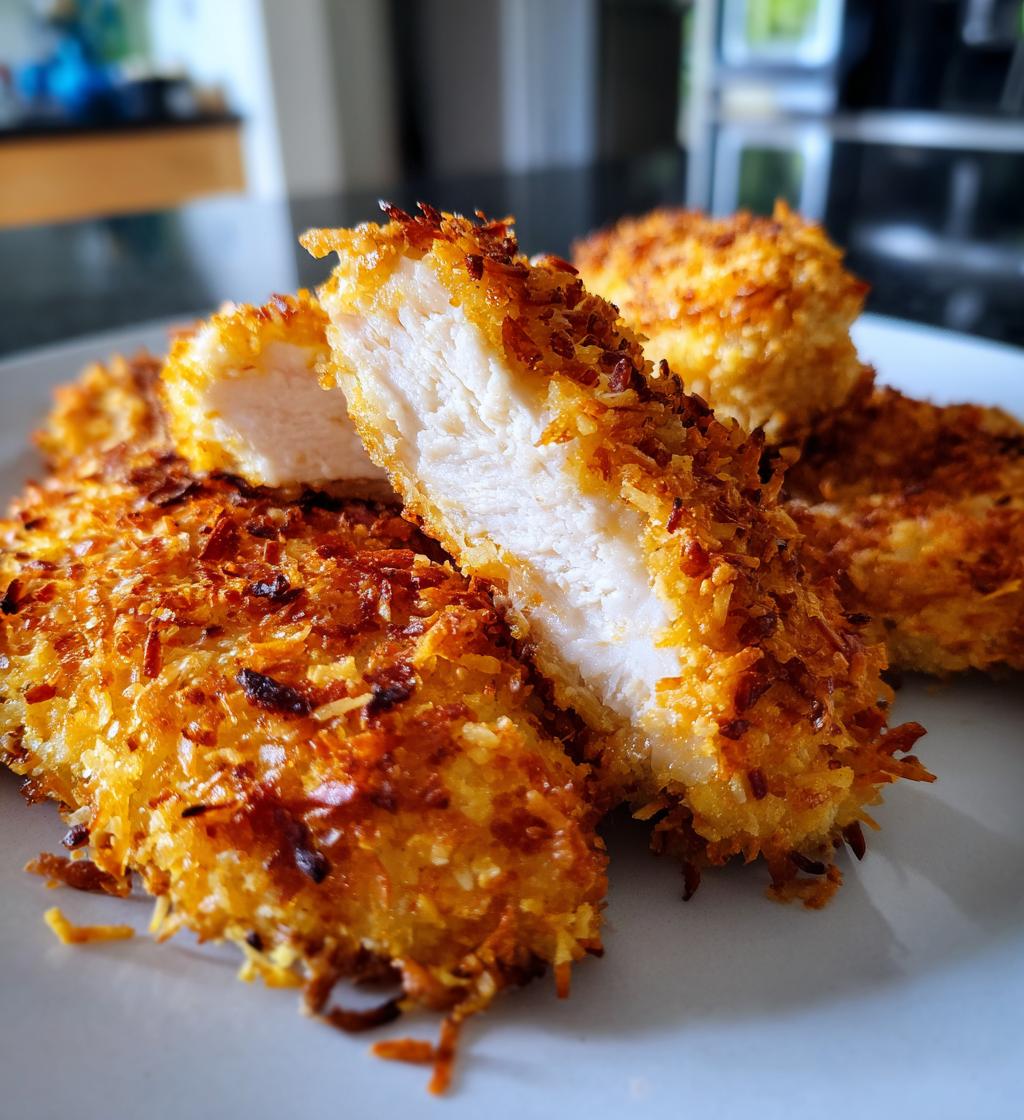 air fryer coconut crusted chicken breast - detail 1