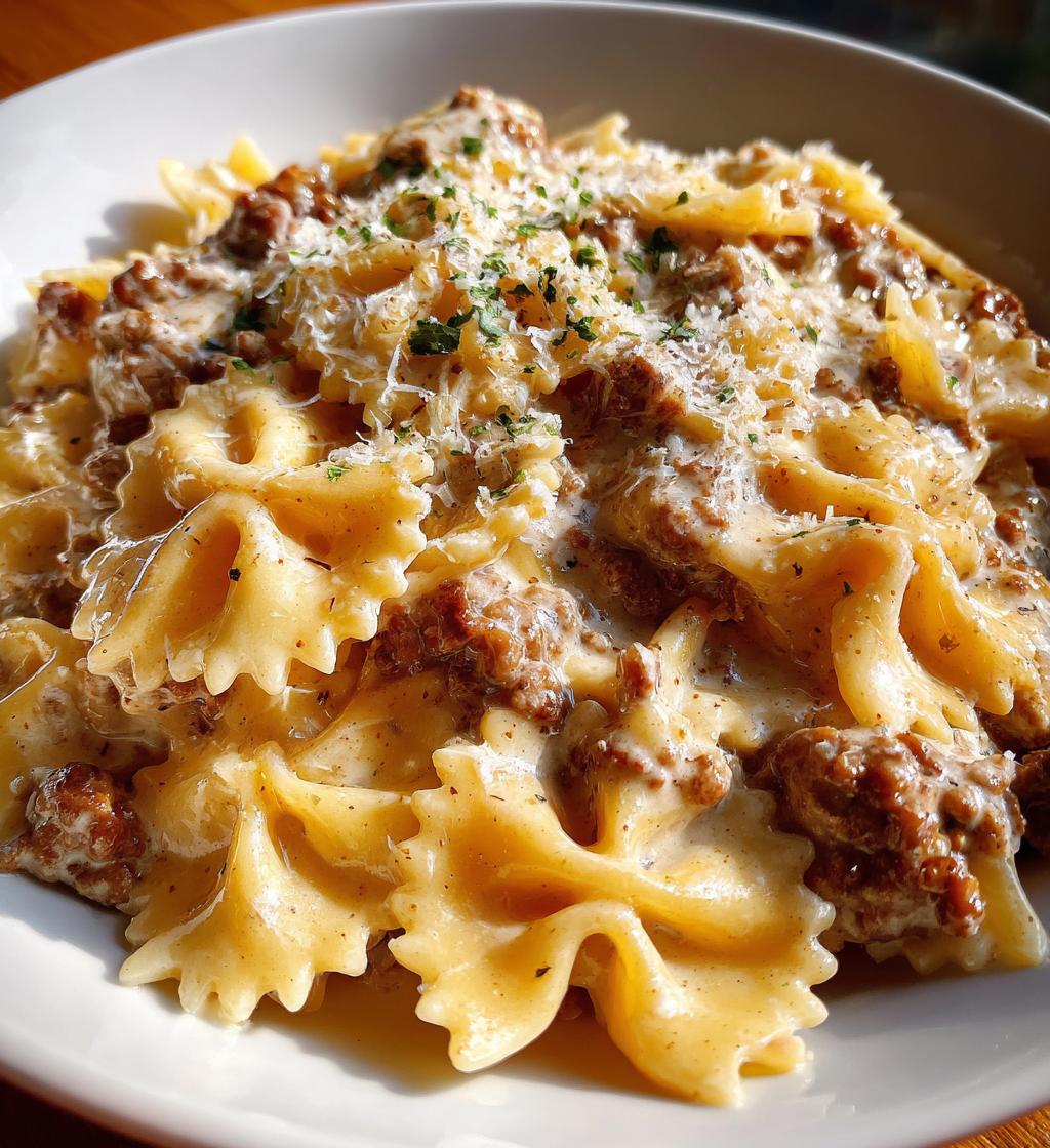 beef and bowtie pasta with alfredo sauce 2 - detail 1