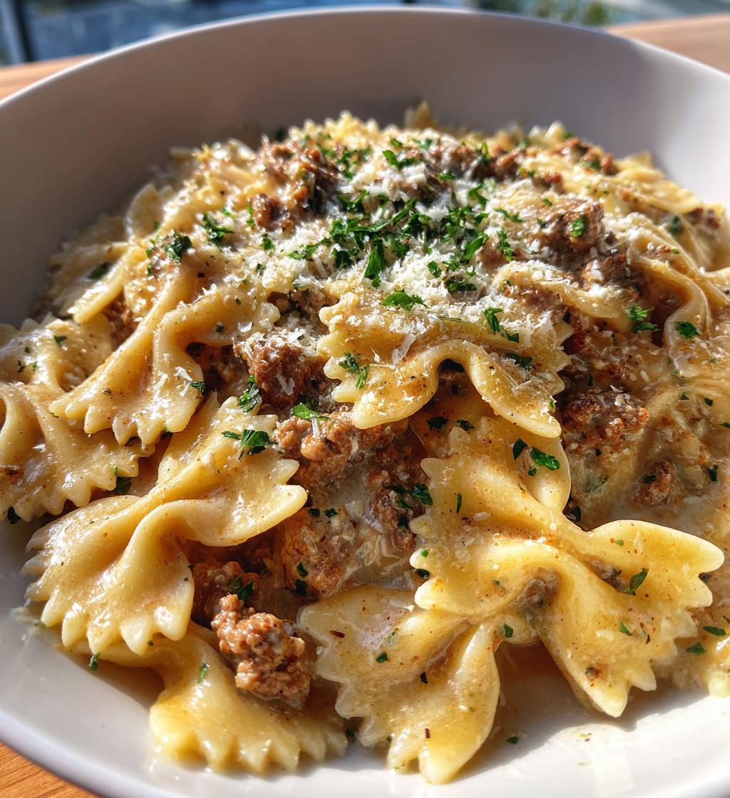 beef and bowtie pasta with alfredo sauce 2