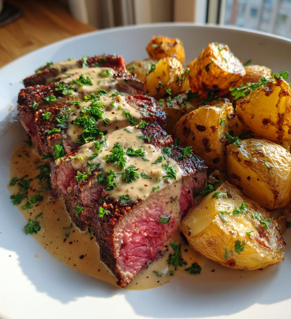 beef steak peppercorn cream sauce roasted potatoes