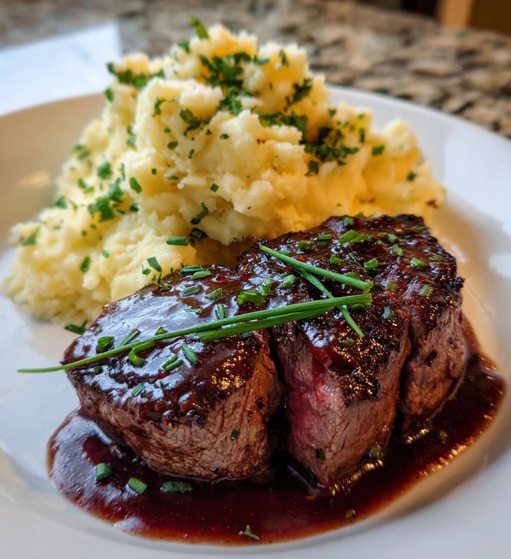 beef tenderloin red wine reduction garlic mashed potatoes - detail 1