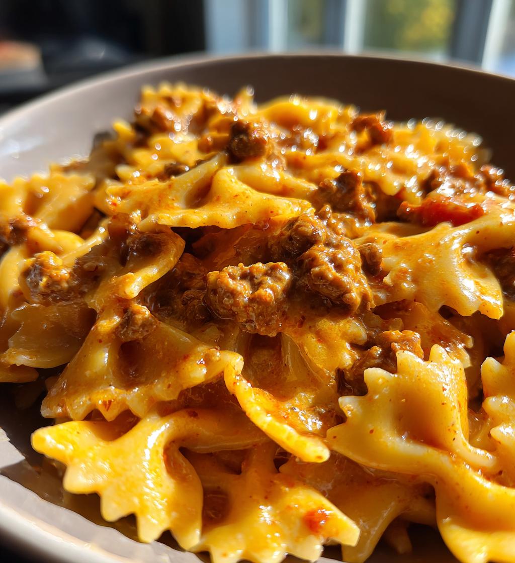 bowtie pasta with creamy velveeta beef sauce - detail 1