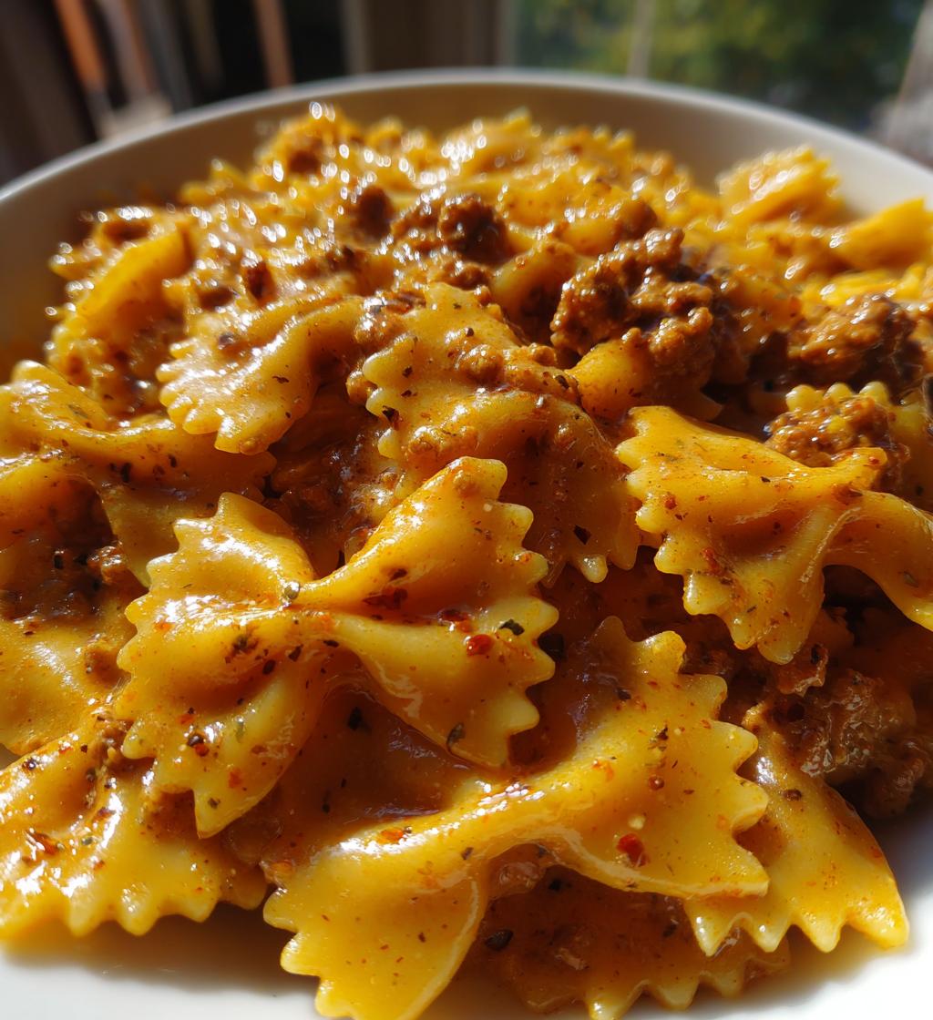bowtie pasta with creamy velveeta beef sauce