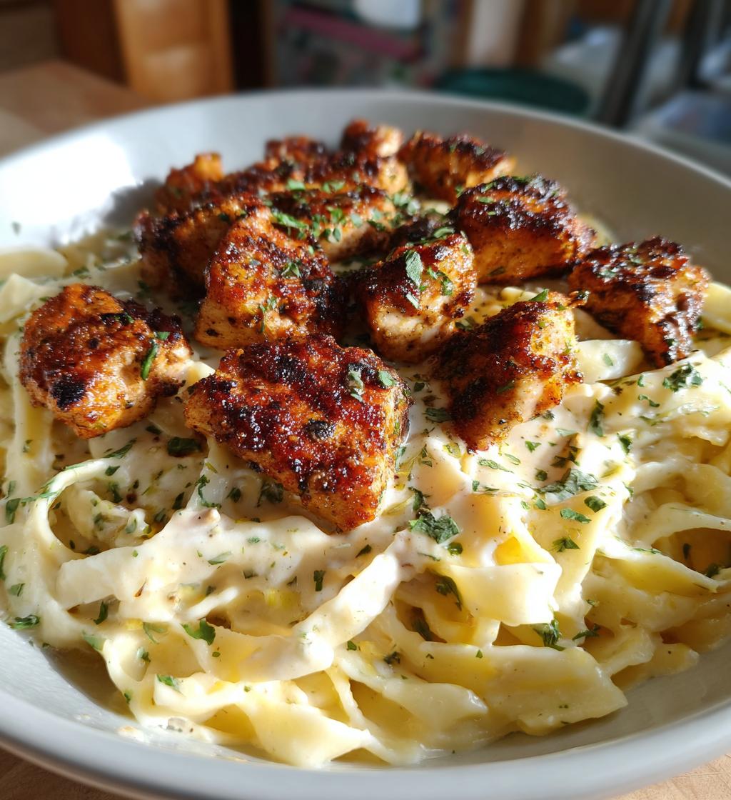 cajun chicken bites with creamy garlic herb alfredo twists