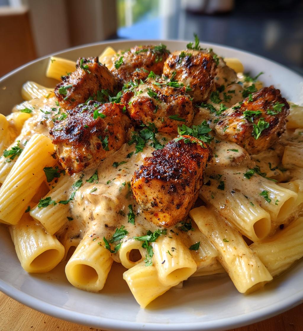 cajun chicken bites with creamy rigatoni