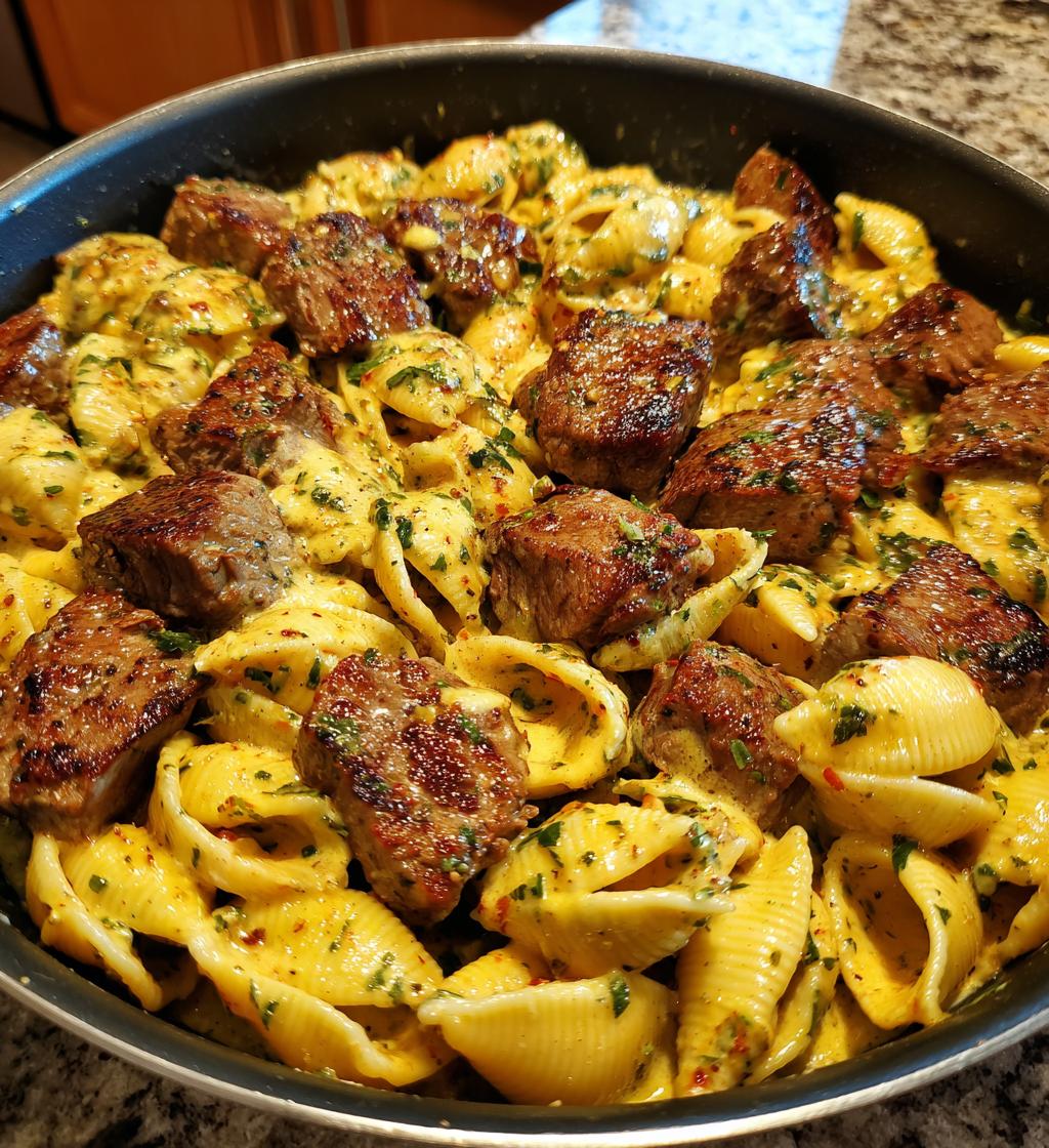 cajun steak bites and cheesy garlic shells skillet - detail 1