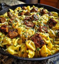 cajun steak bites and cheesy garlic shells skillet