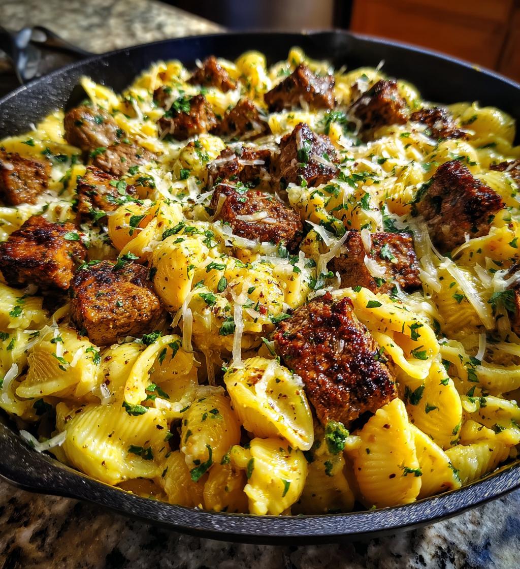 cajun steak bites and cheesy garlic shells skillet