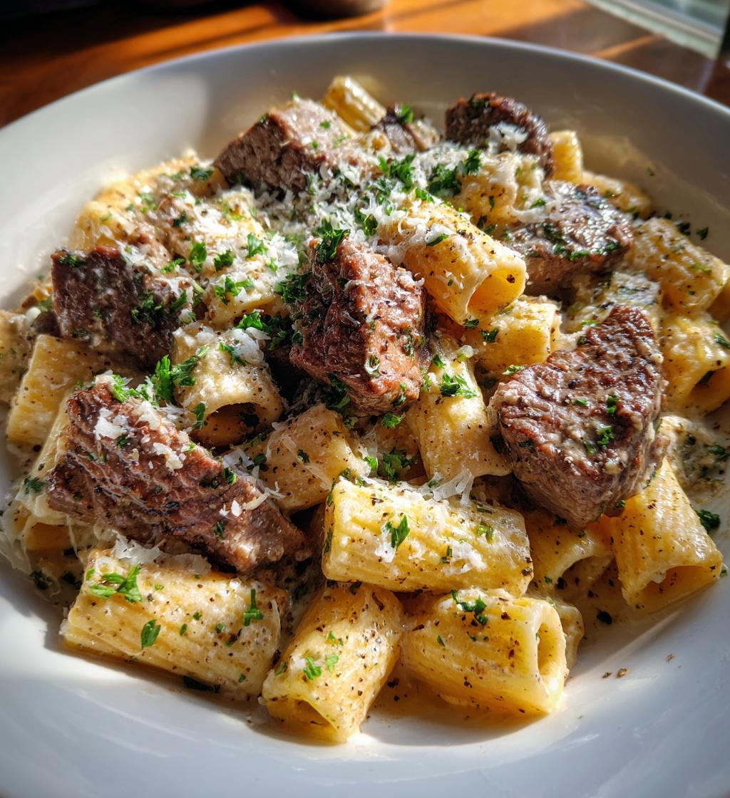 cajun steak tips in cheesy rigatoni parmesan sauce - detail 1