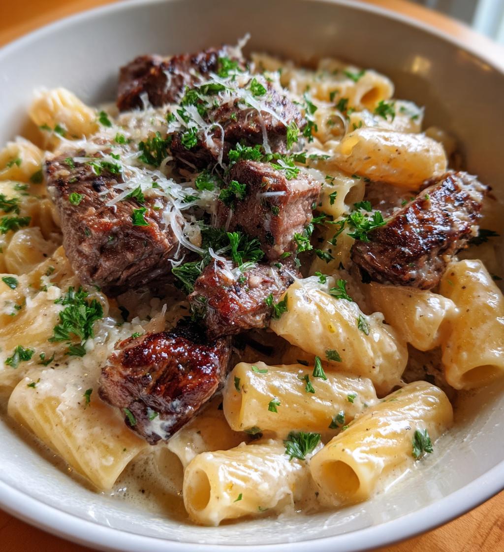 cajun steak tips in cheesy rigatoni parmesan sauce