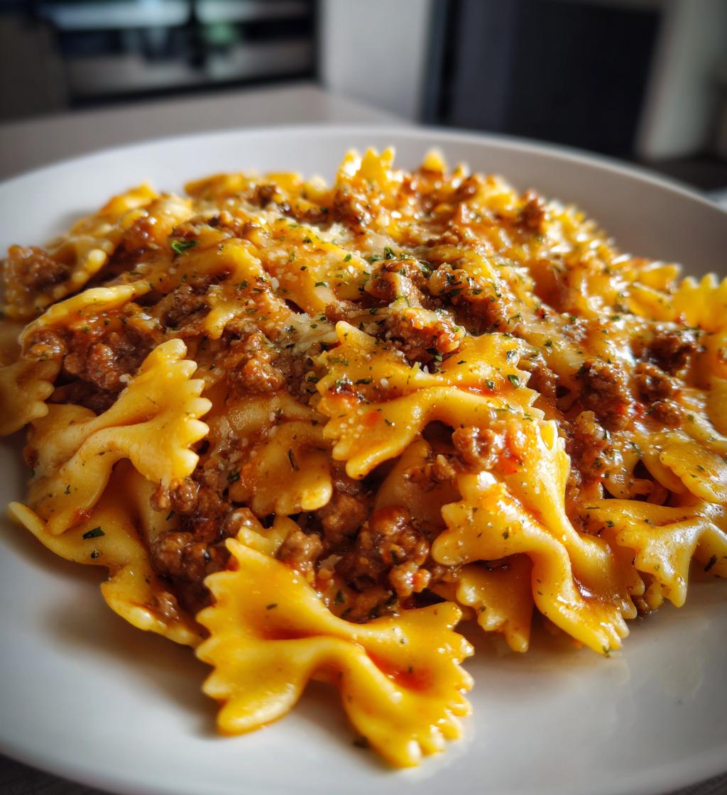 cheesy bowtie pasta with ground beef - detail 1