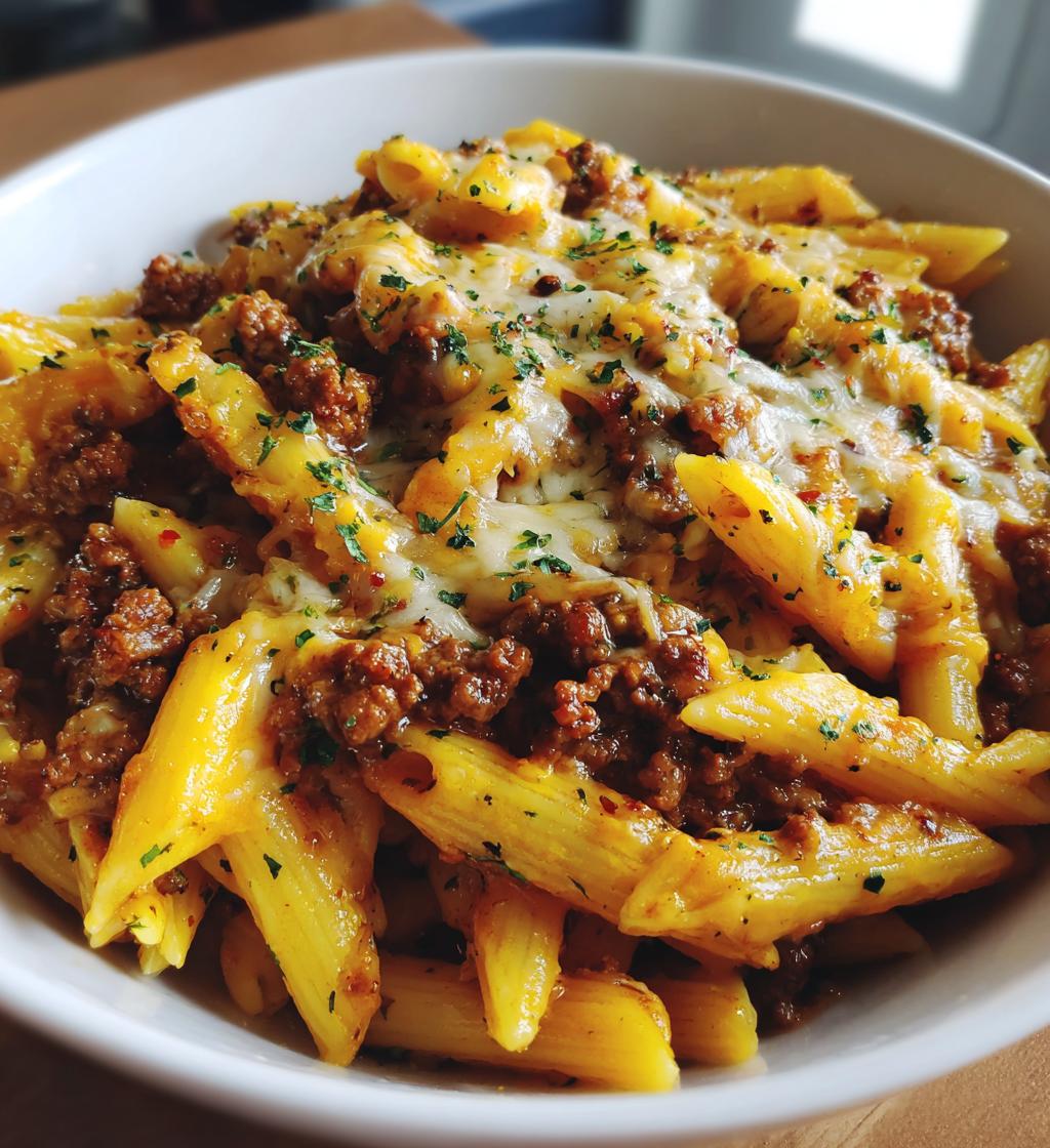 cheesy penne with garlic butter ground beef - detail 1