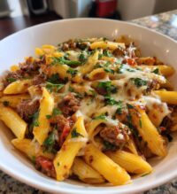 cheesy penne with garlic butter ground beef