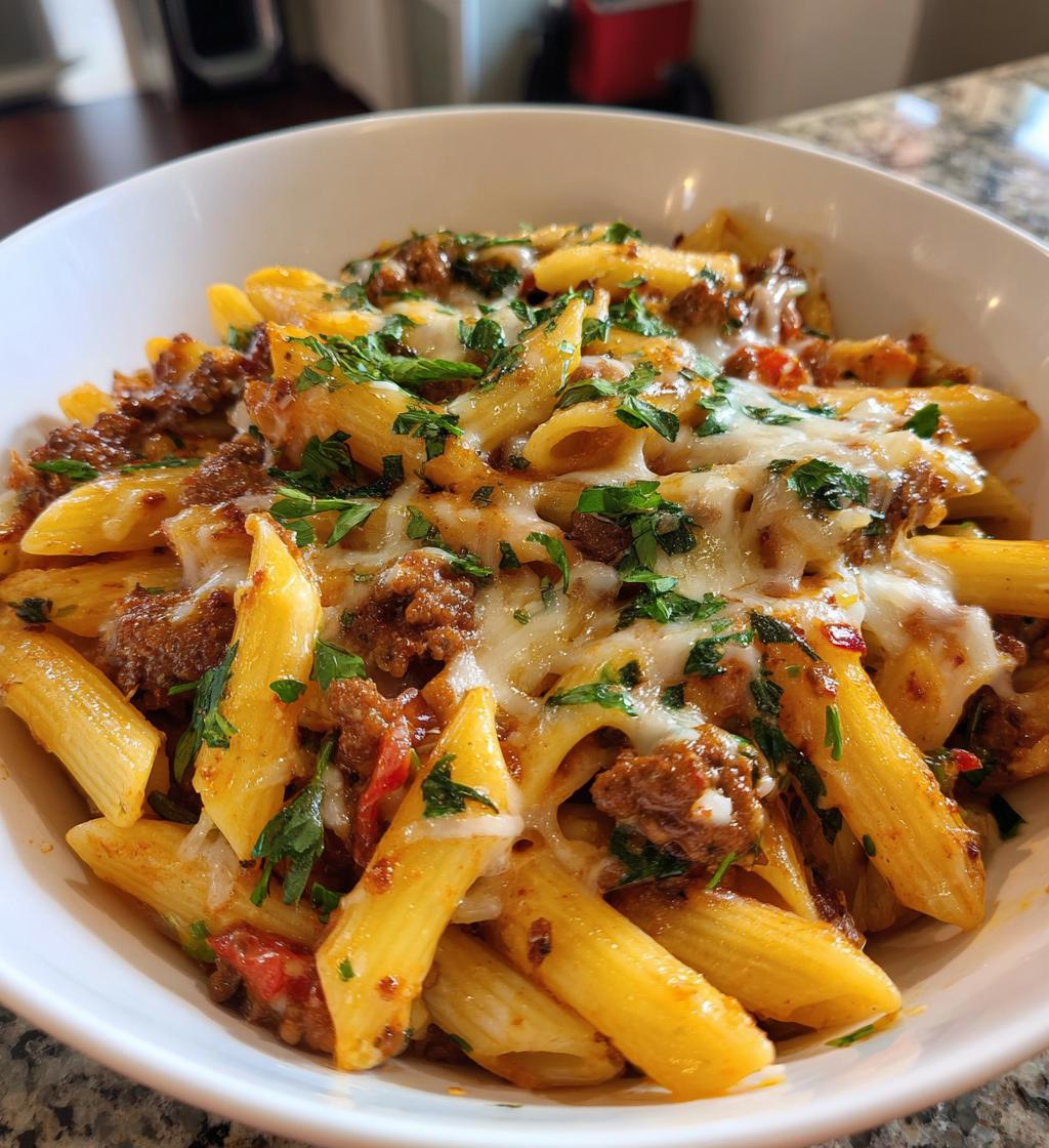 cheesy penne with garlic butter ground beef