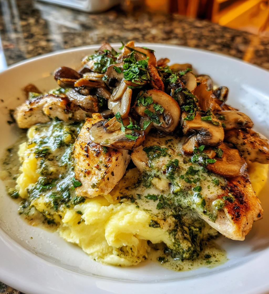 chestnut garlic greek chicken alfredo with sage potatoes mushroom basil pesto - detail 1