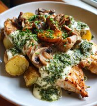 chestnut garlic greek chicken alfredo with sage potatoes mushroom basil pesto