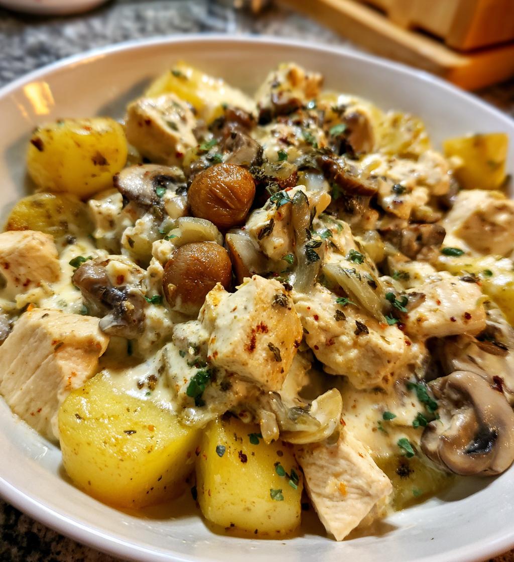 chestnut garlic greek chicken alfredo with sage potatoes mushroom basil pesto cream - detail 1