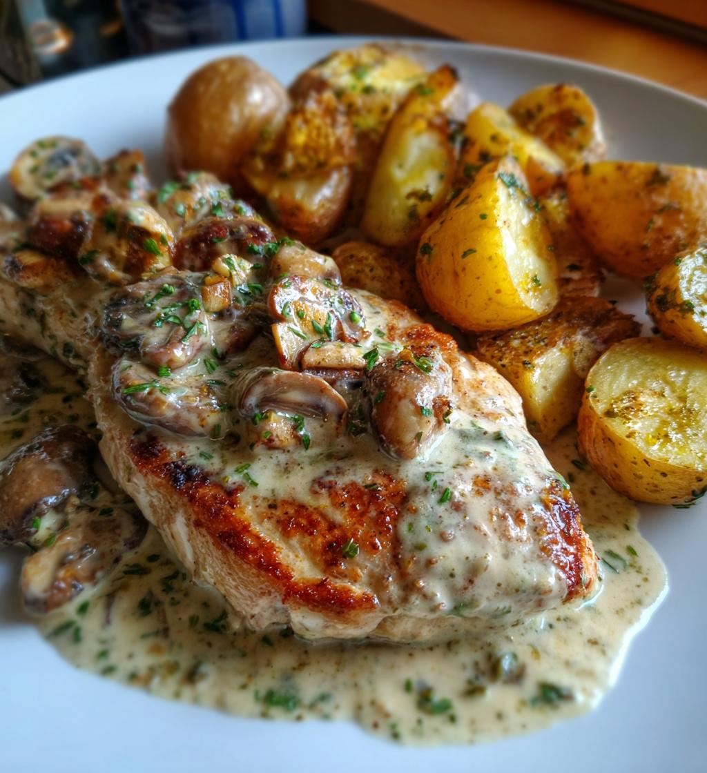 chestnut garlic greek chicken alfredo with sage potatoes mushroom pesto cream - detail 1