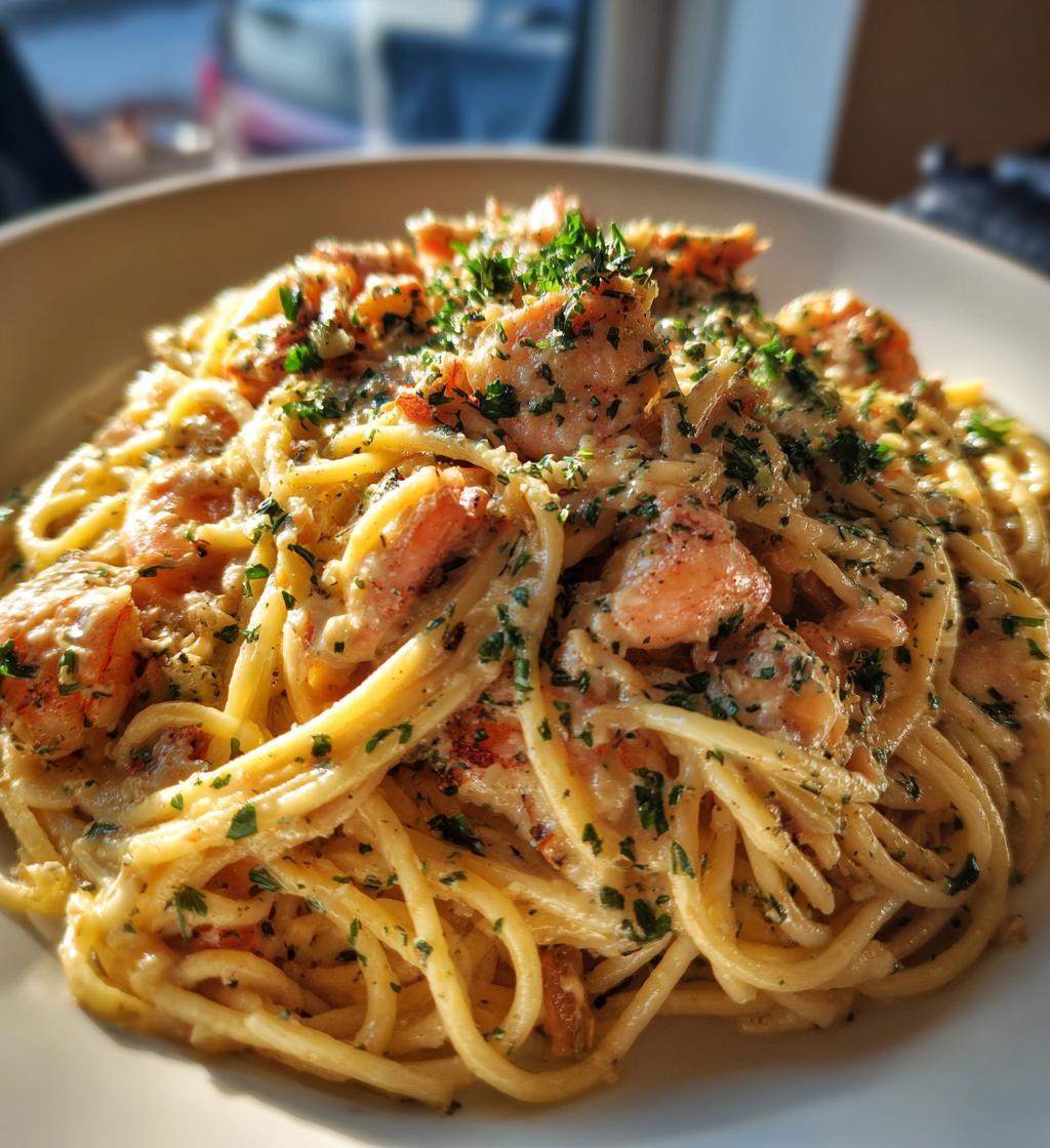 chicken and shrimp carbonara - detail 1