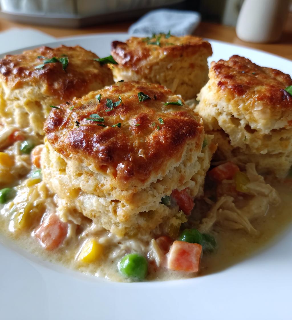 chicken pot pie with biscuits is a family favorite