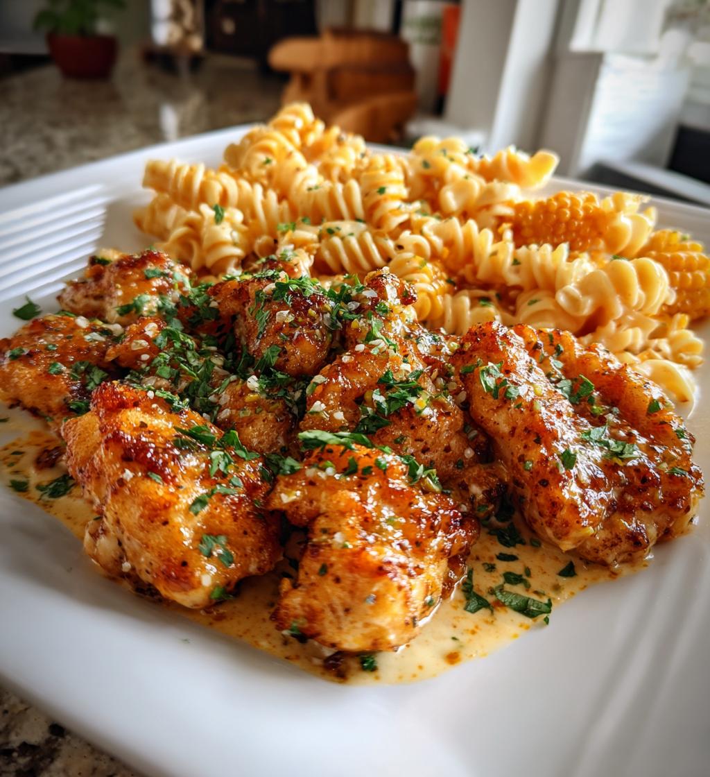 chili garlic butter chicken bites with creamy cajun corn alfredo twists - detail 1