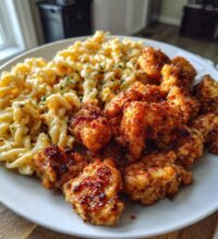 chili garlic butter chicken bites with creamy cajun corn alfredo twists