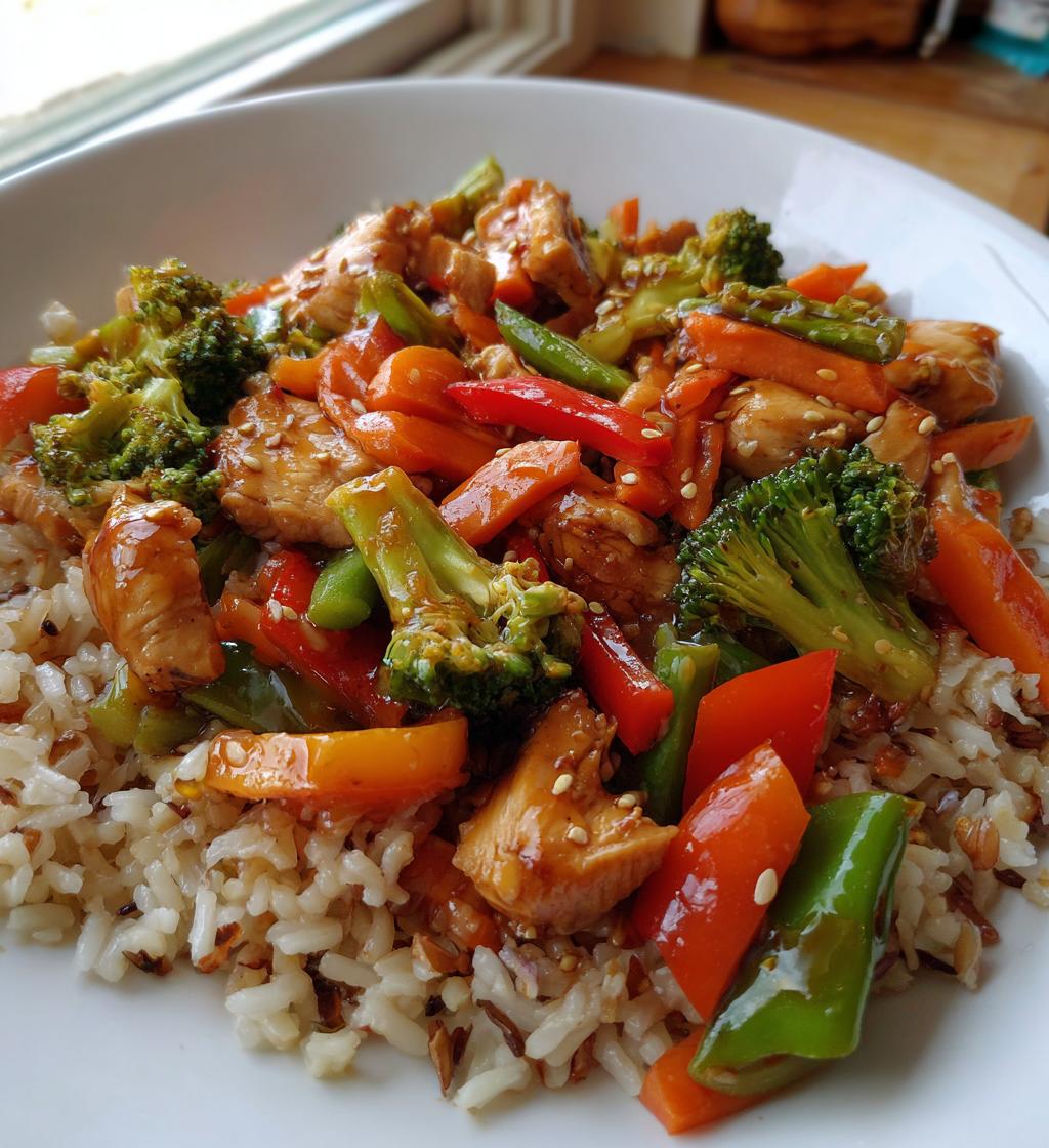 colorful teriyaki chicken stir fry recipe with rainbow veggies wild rice - detail 1