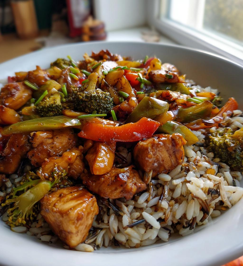 colorful teriyaki chicken stir fry recipe with rainbow veggies wild rice