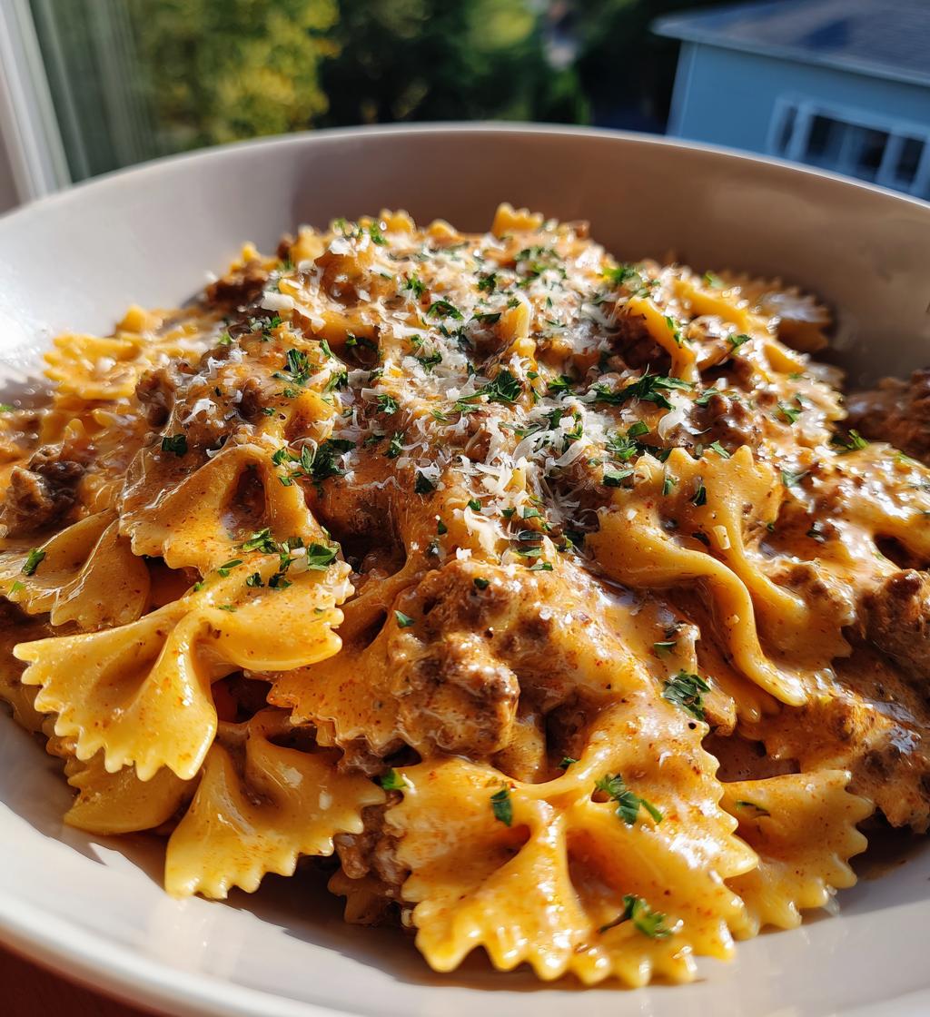 creamy beef and bowtie pasta - detail 1
