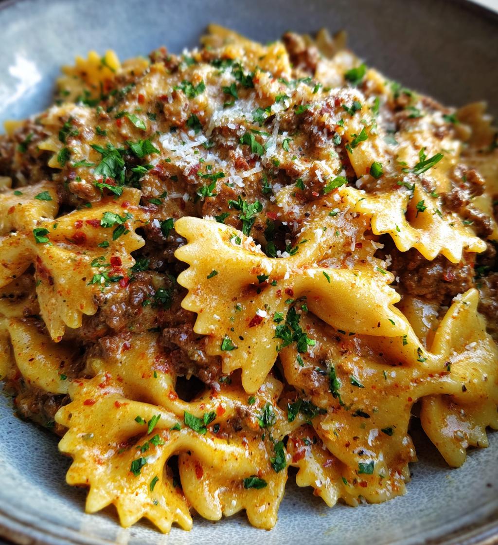 creamy beef and bowtie pasta