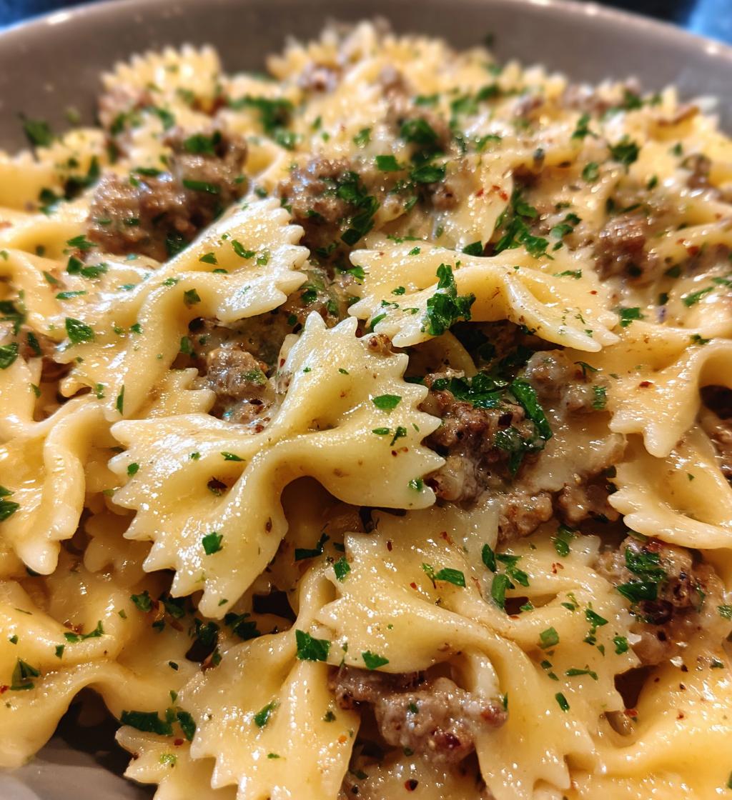 creamy beef bowtie pasta with garlic parmesan sauce - detail 1