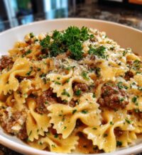 creamy beef bowtie pasta with garlic parmesan sauce