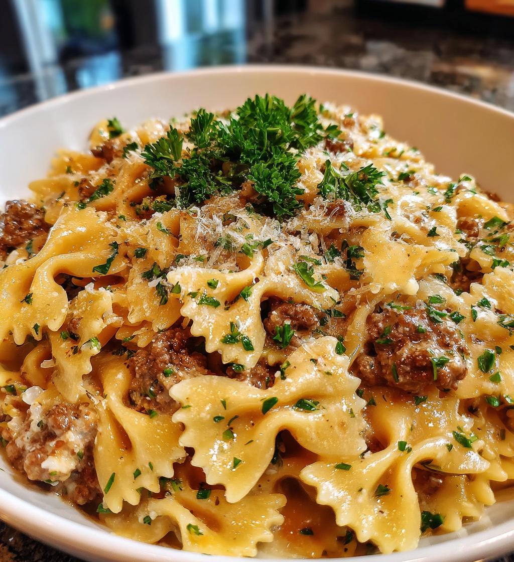 creamy beef bowtie pasta with garlic parmesan sauce
