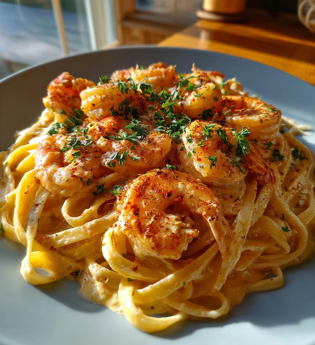 creamy cajun shrimp alfredo fettuccine recipe - detail 1