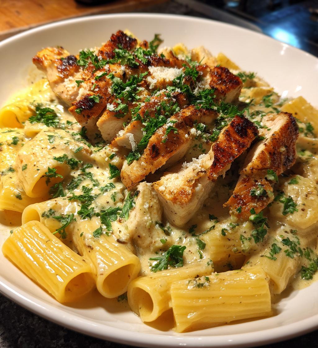 creamy garlic butter chicken and rigatoni in parmesan sauce - detail 1