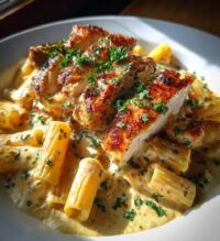 creamy garlic butter chicken and rigatoni in parmesan sauce