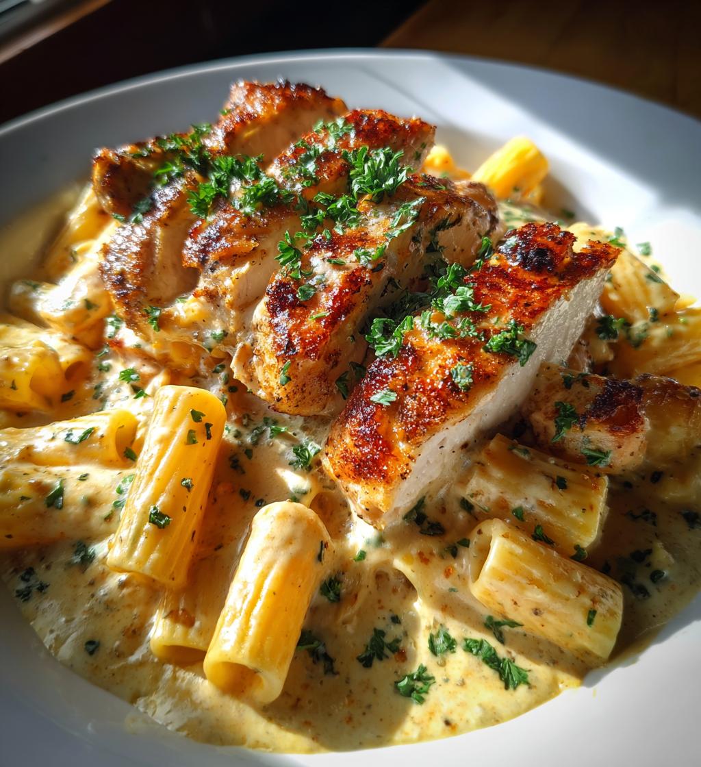 creamy garlic butter chicken and rigatoni in parmesan sauce