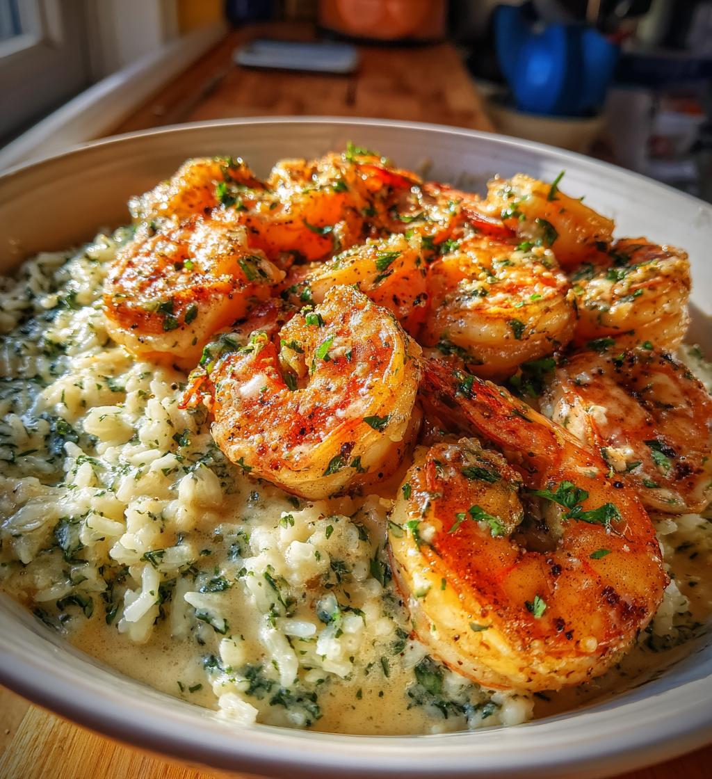 creamy garlic butter shrimp bowl with herb rice