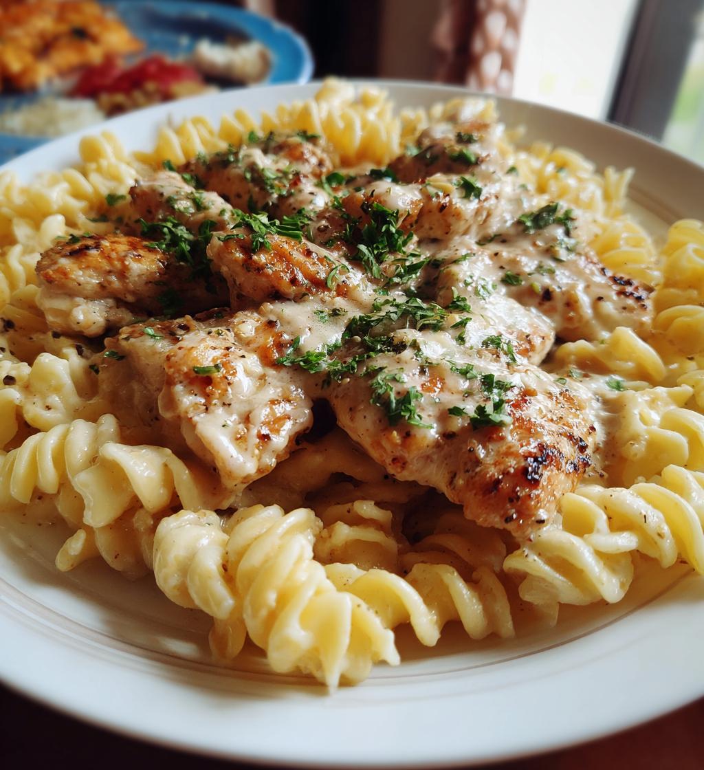 creamy garlic parmesan chicken with cheesy twisted pasta - detail 1