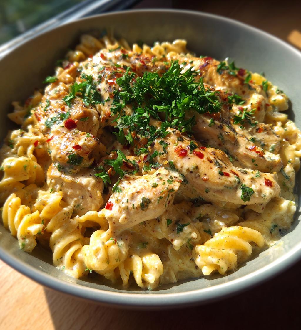 creamy garlic parmesan chicken with cheesy twisted pasta