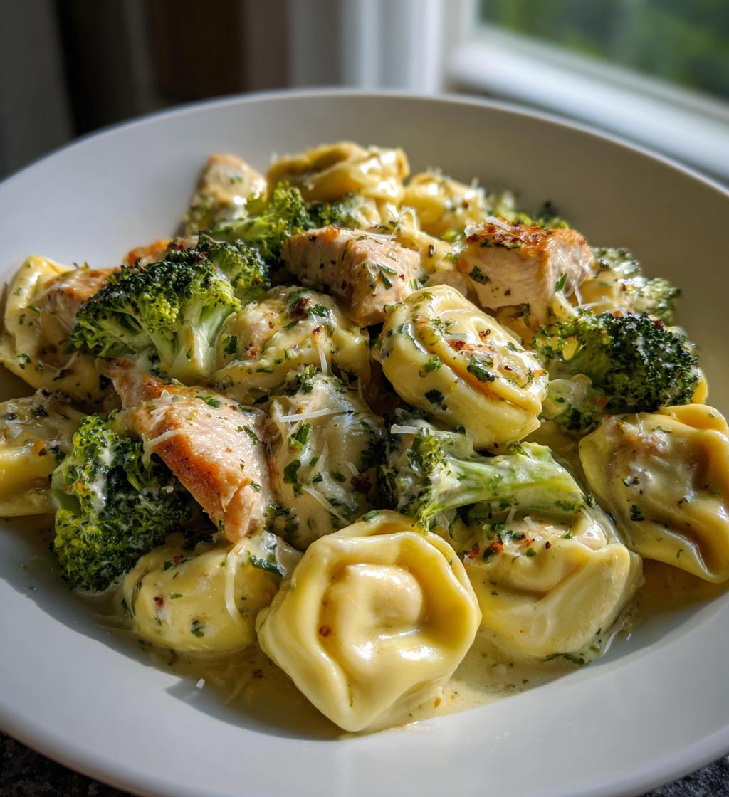 creamy garlic parmesan tortellini with chicken and broccoli - detail 1