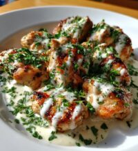 creamy garlic sauce with grilled chicken bites