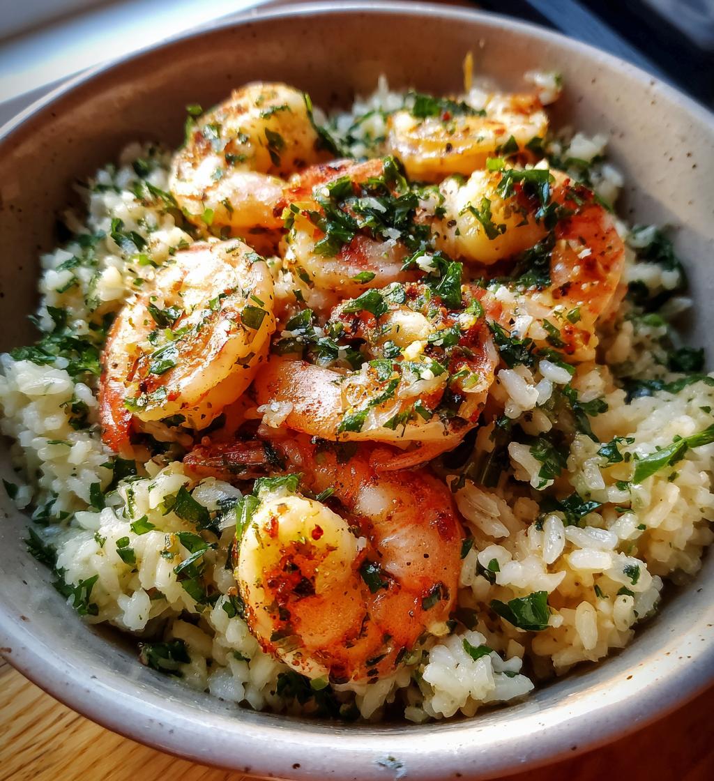 creamy herb rice with garlic butter shrimp bowl - detail 1