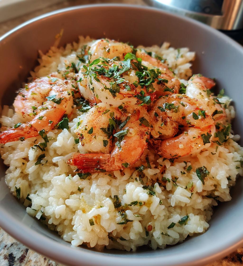 creamy herb rice with garlic butter shrimp bowl