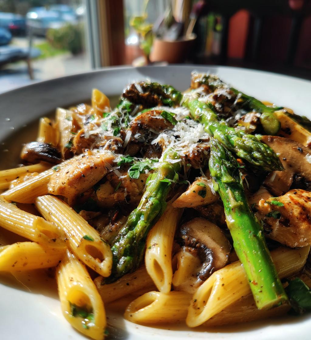 creamy mushroom and asparagus chicken penne - detail 1