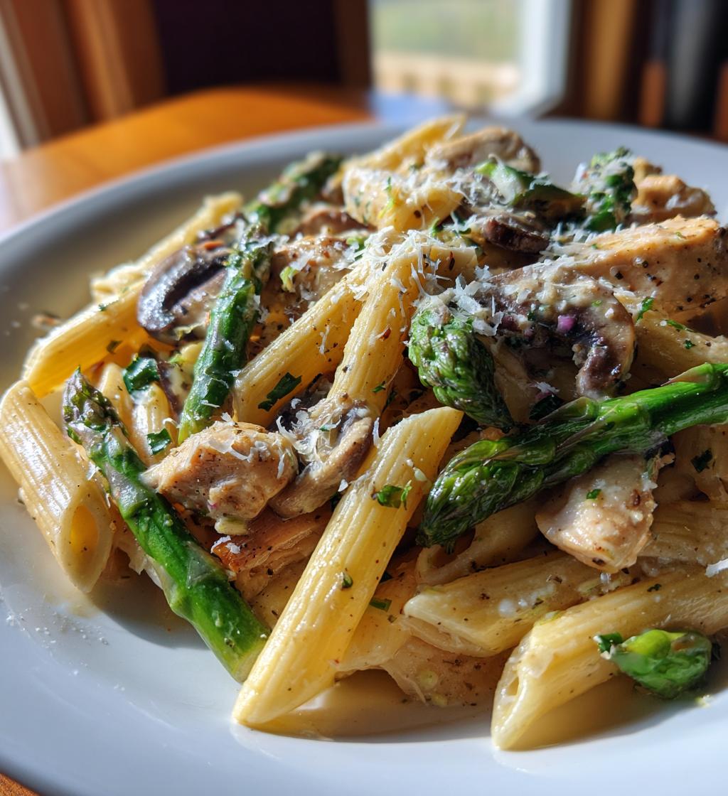 creamy mushroom and asparagus chicken penne