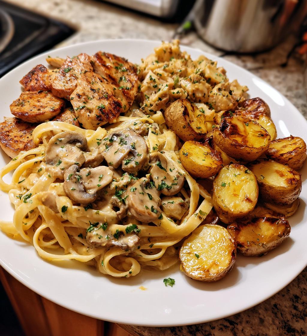 creamy mushroom chicken alfredo recipe with hot honey roasted potatoes - detail 1