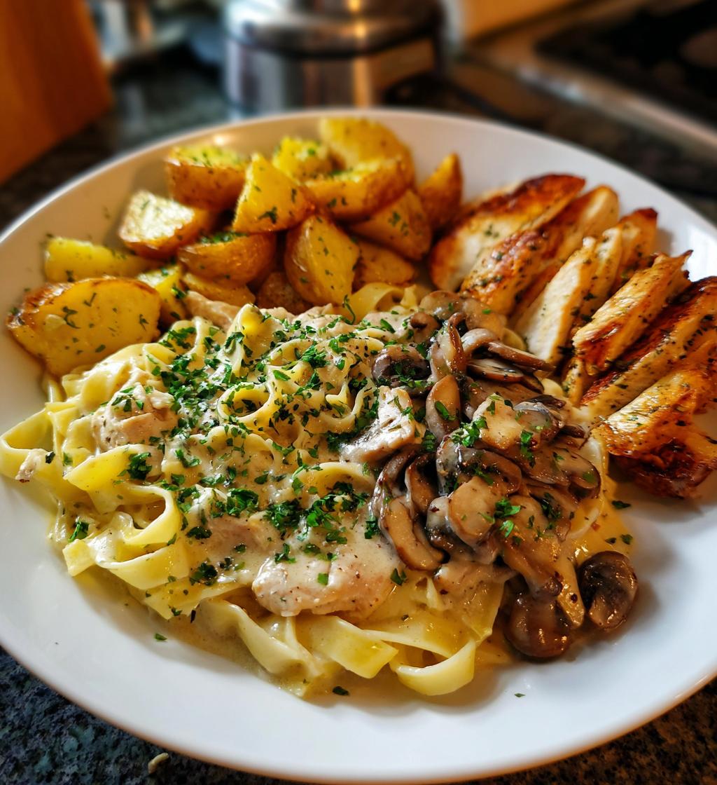 creamy mushroom chicken alfredo recipe with hot honey roasted potatoes