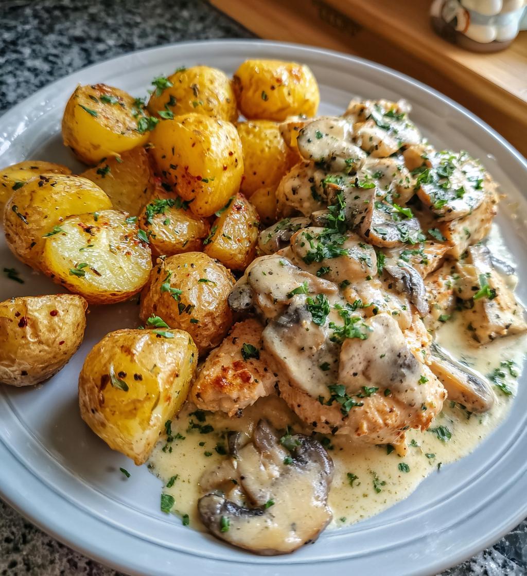 creamy mushroom garlic chicken alfredo hot honey roasted potatoes - detail 1