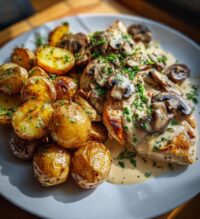 creamy mushroom garlic chicken alfredo hot honey roasted potatoes